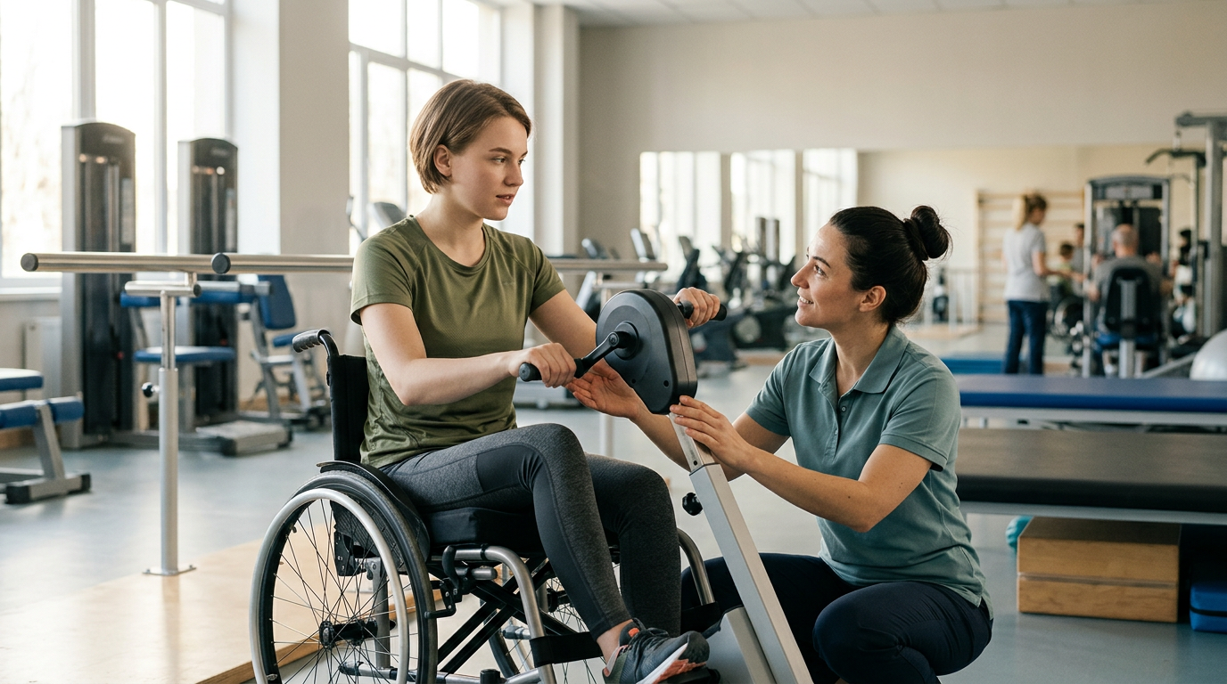 a young adult in a wheelchair in a spinal-cord-injury rehabilitation gym with a physical therapist