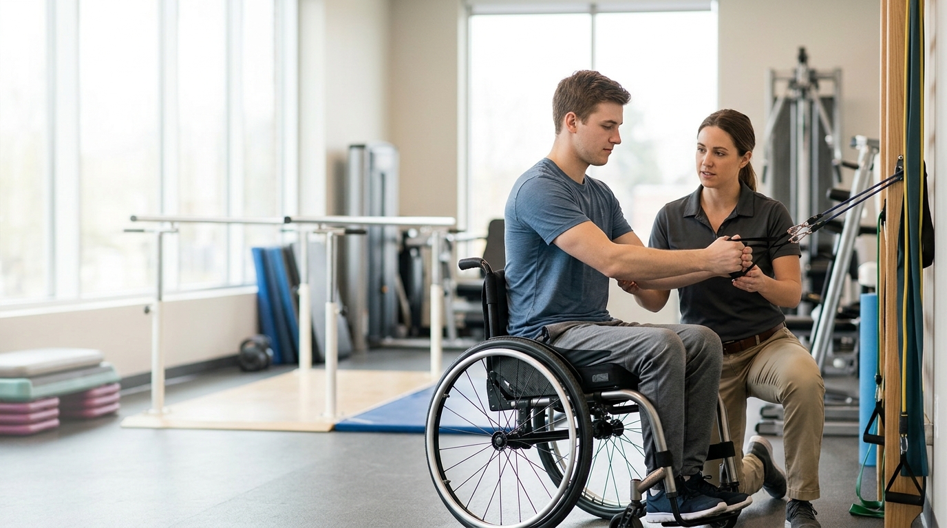 a young adult in a wheelchair in a spinal-cord-injury rehabilitation gym with a physical therapist