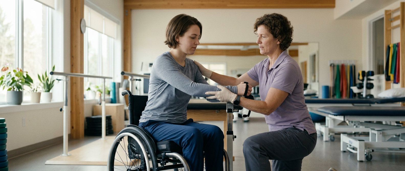 a young adult in a wheelchair in a spinal-cord-injury rehabilitation gym with a physical therapist