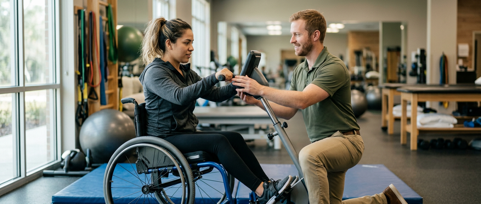 a young adult in a wheelchair in a spinal-cord-injury rehabilitation gym with a physical therapist