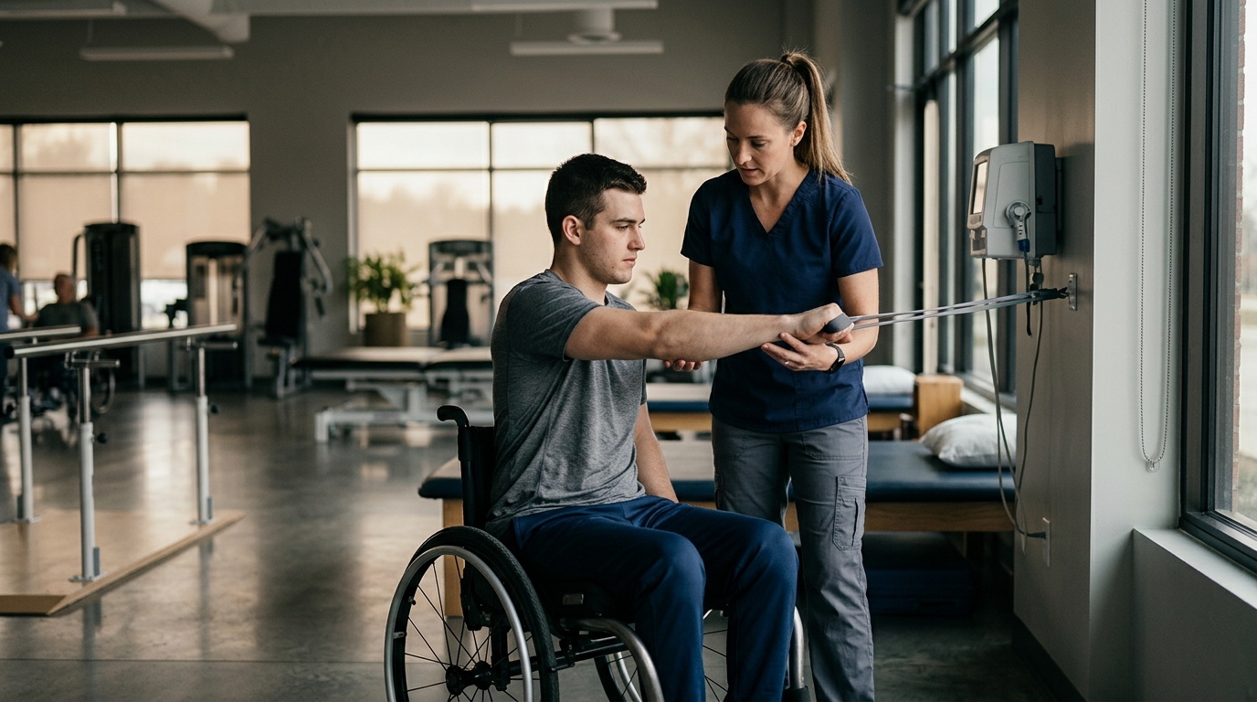 a young adult in a wheelchair in a spinal-cord-injury rehabilitation gym with a physical therapist