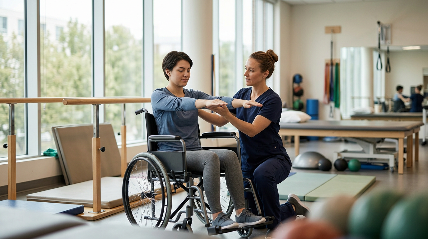 a young adult in a wheelchair in a spinal-cord-injury rehabilitation gym with a physical therapist