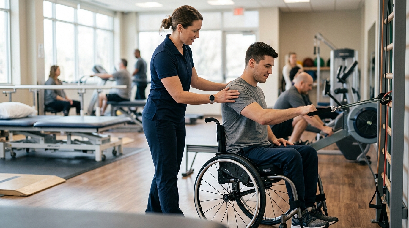 a young adult in a wheelchair in a spinal-cord-injury rehabilitation gym with a physical therapist