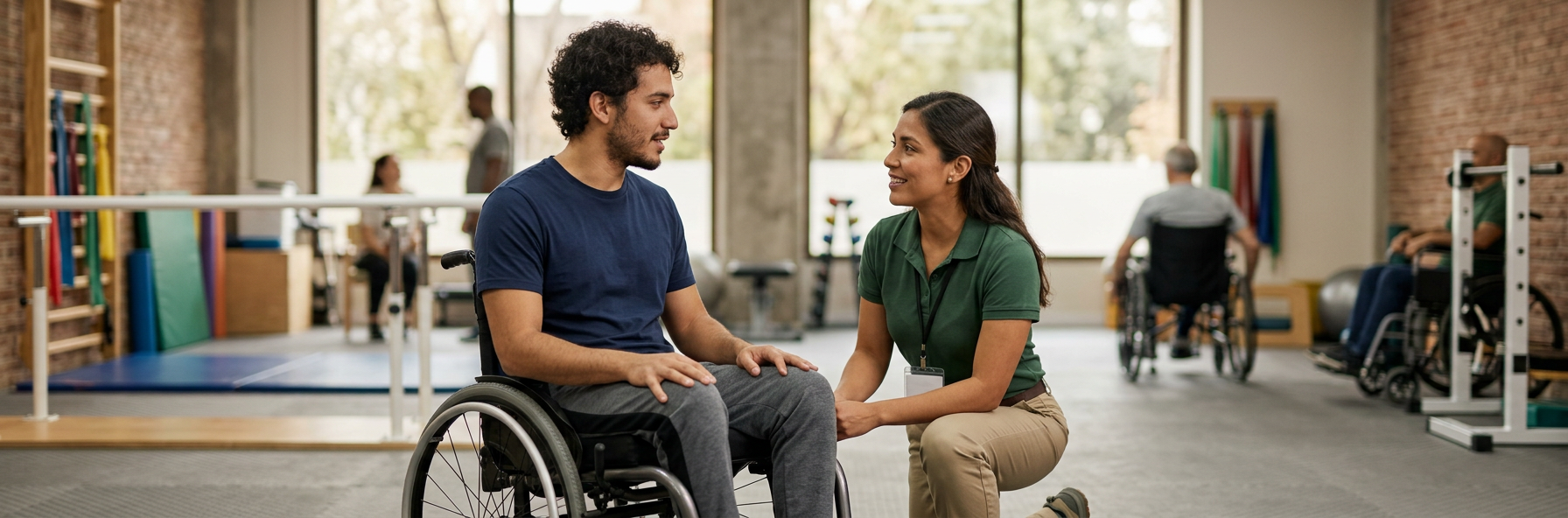 a young adult in a wheelchair in a spinal-cord-injury rehabilitation gym with a physical therapist