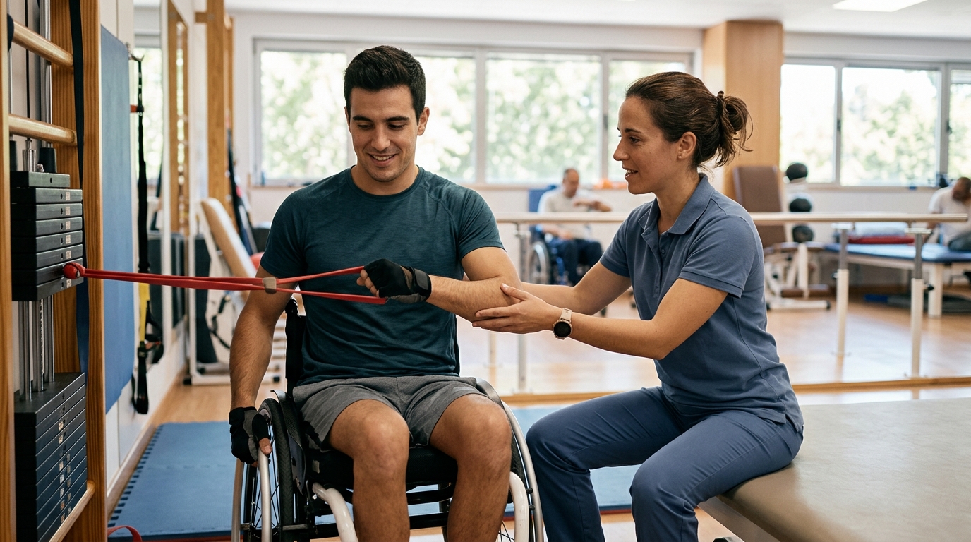 a young adult in a wheelchair in a spinal-cord-injury rehabilitation gym with a physical therapist