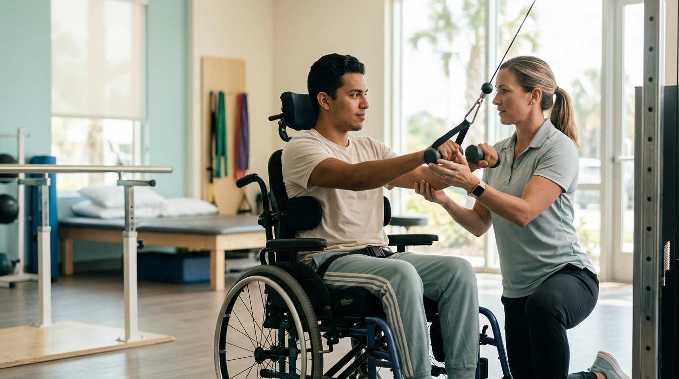 a young adult in a wheelchair in a spinal-cord-injury rehabilitation gym with a physical therapist