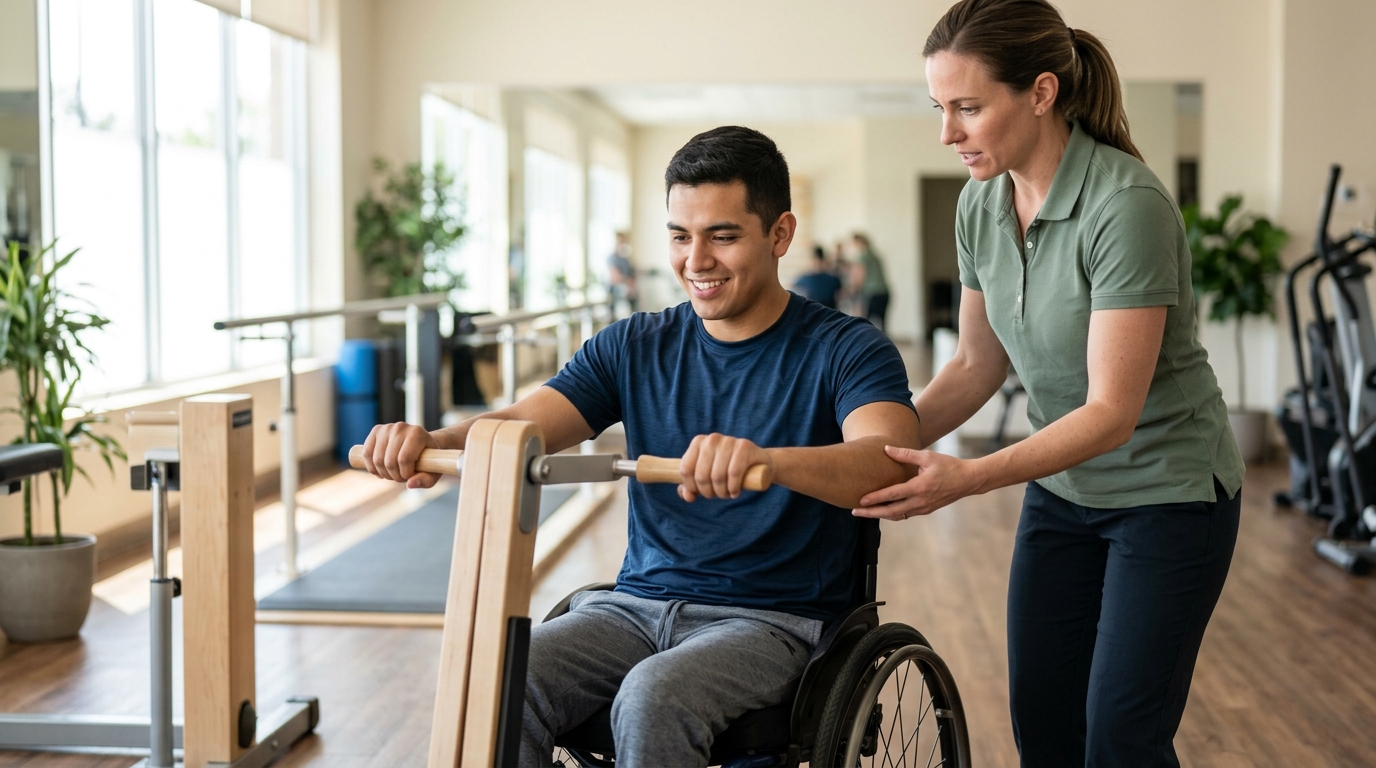 a young adult in a wheelchair in a spinal-cord-injury rehabilitation gym with a physical therapist
