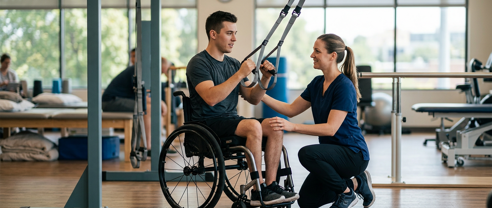 a young adult in a wheelchair in a spinal-cord-injury rehabilitation gym with a physical therapist