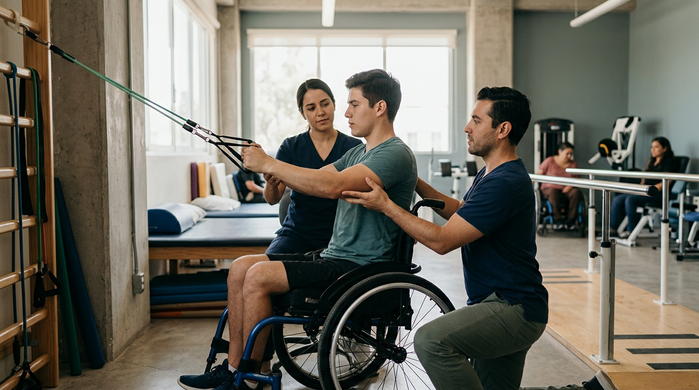 a young adult in a wheelchair in a spinal-cord-injury rehabilitation gym with a physical therapist