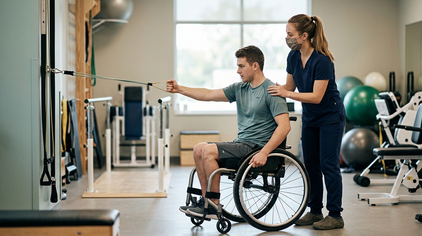 a young adult in a wheelchair in a spinal-cord-injury rehabilitation gym with a physical therapist