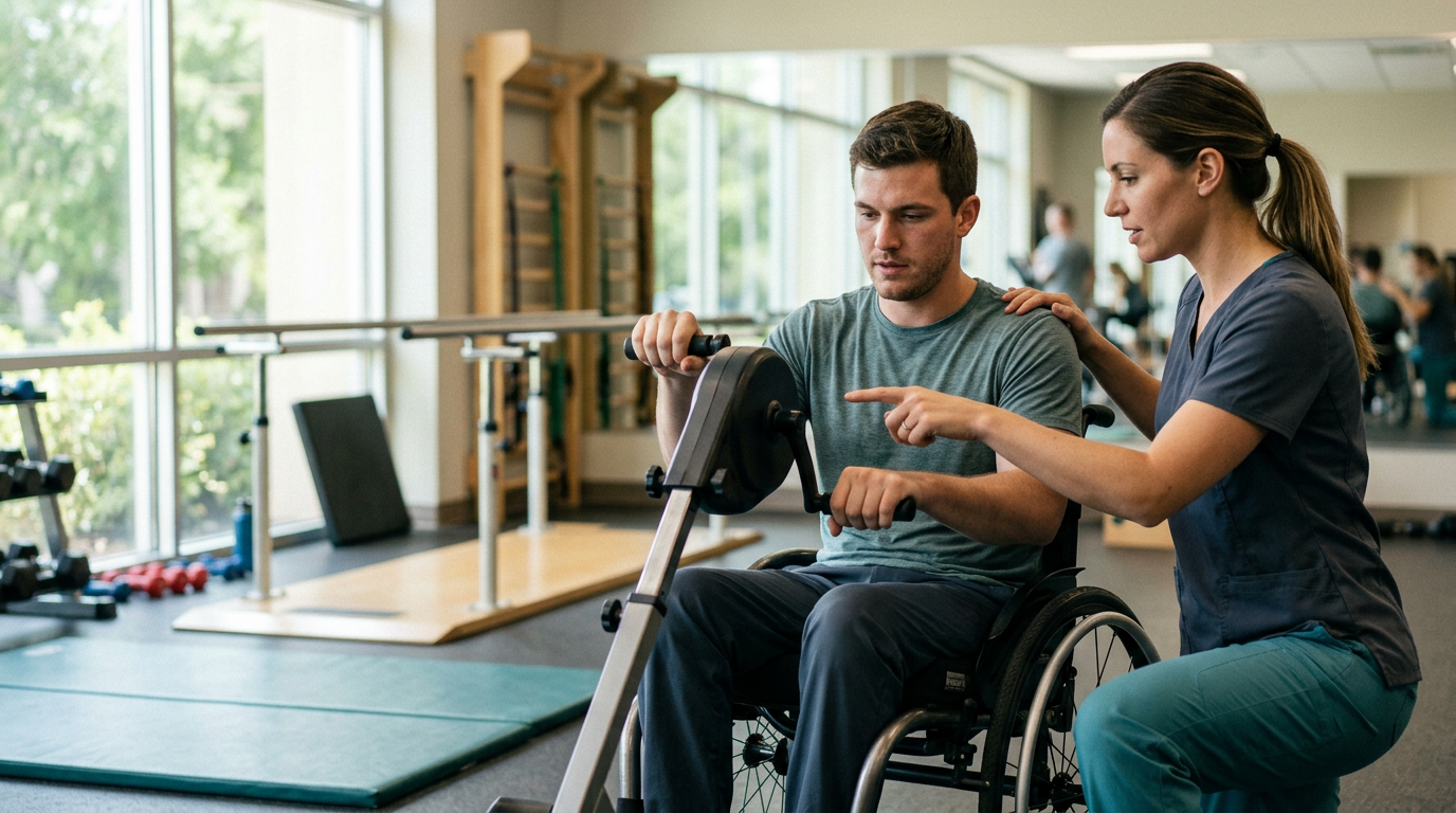 a young adult in a wheelchair in a spinal-cord-injury rehabilitation gym with a physical therapist