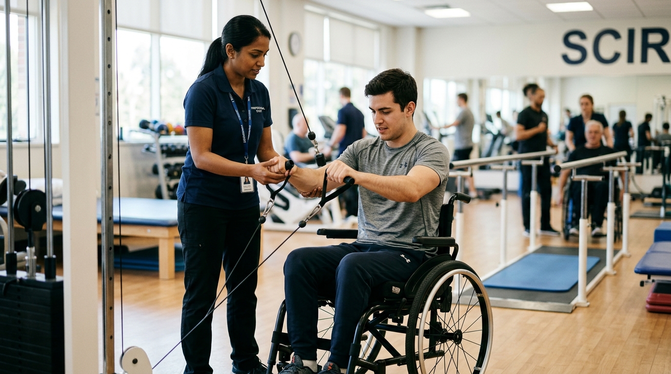 a young adult in a wheelchair in a spinal-cord-injury rehabilitation gym with a physical therapist