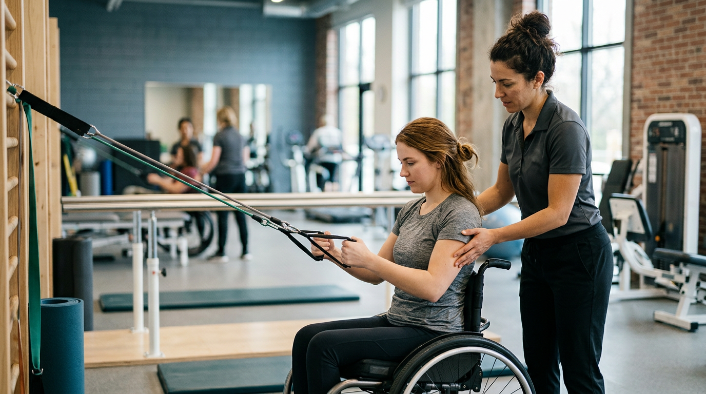a young adult in a wheelchair in a spinal-cord-injury rehabilitation gym with a physical therapist