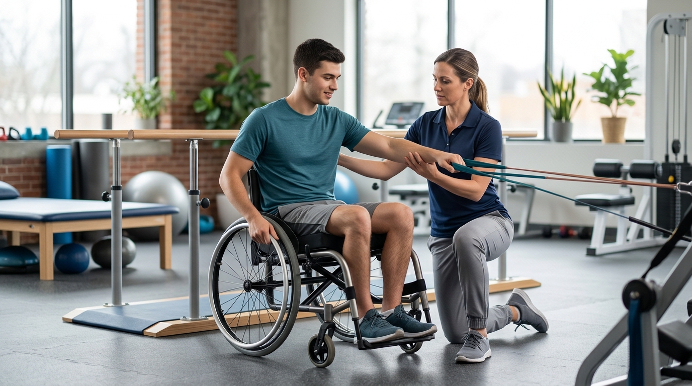 a young adult in a wheelchair in a spinal-cord-injury rehabilitation gym with a physical therapist