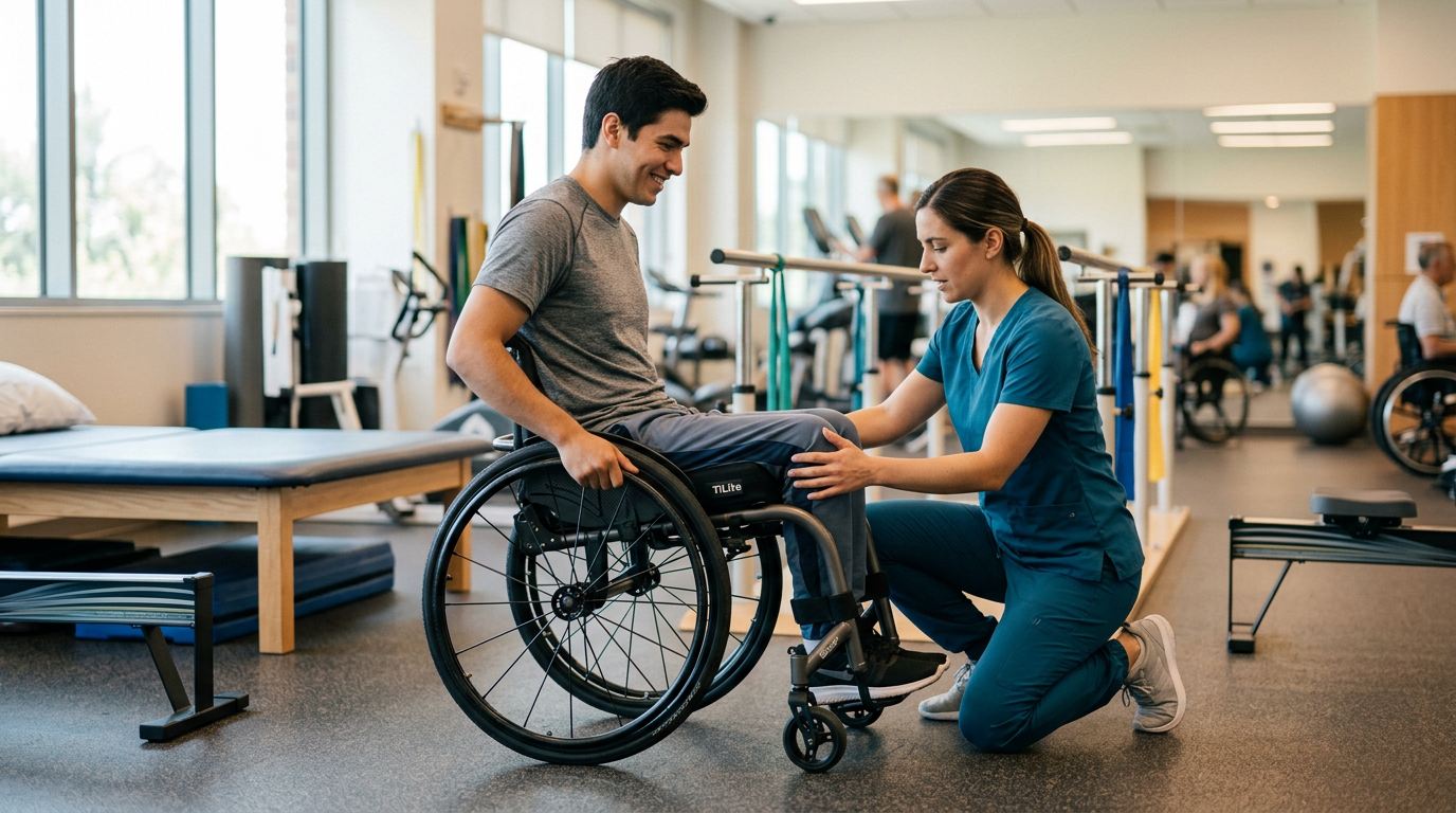 a young adult in a wheelchair in a spinal-cord-injury rehabilitation gym with a physical therapist