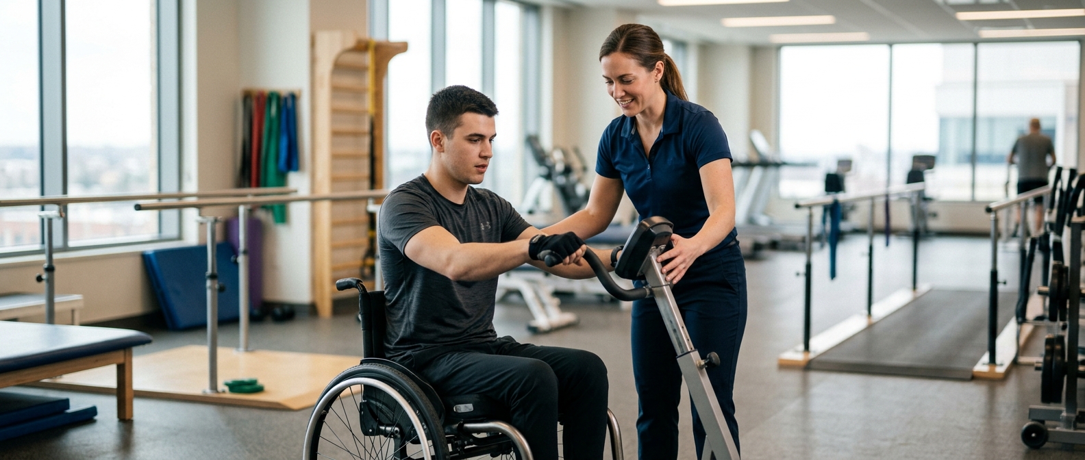 a young adult in a wheelchair in a spinal-cord-injury rehabilitation gym with a physical therapist