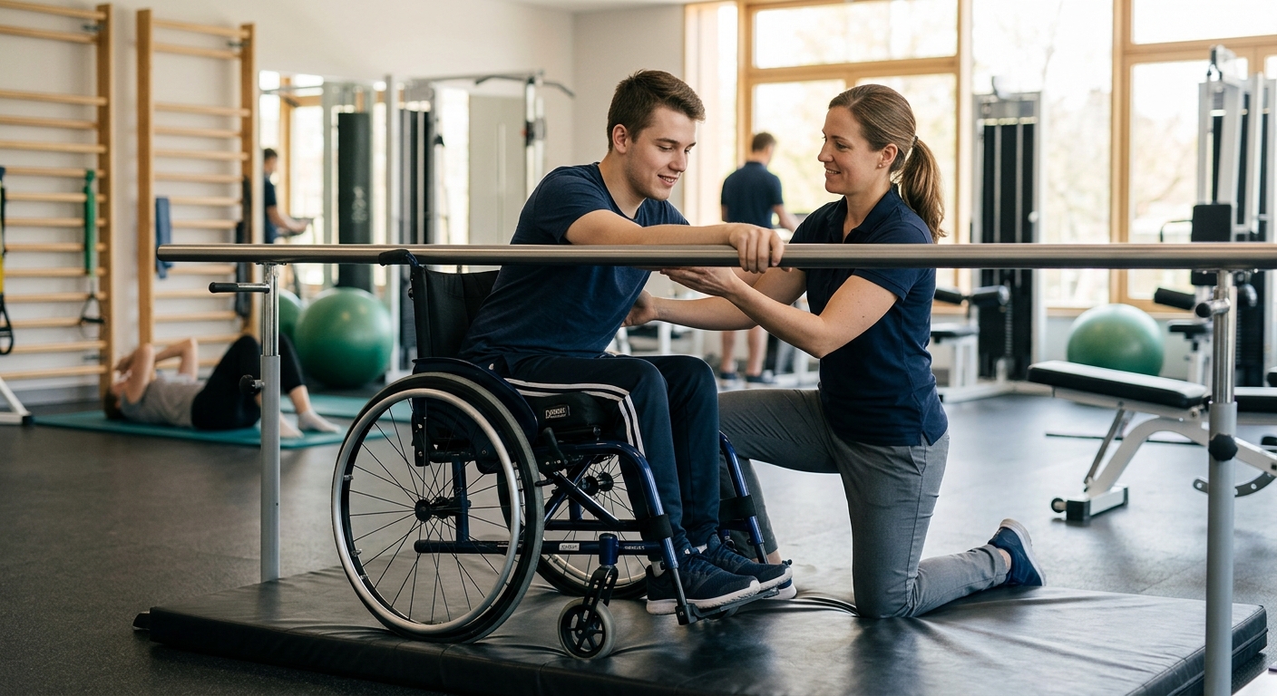 a young adult in a wheelchair in a spinal-cord-injury rehabilitation gym with a physical therapist