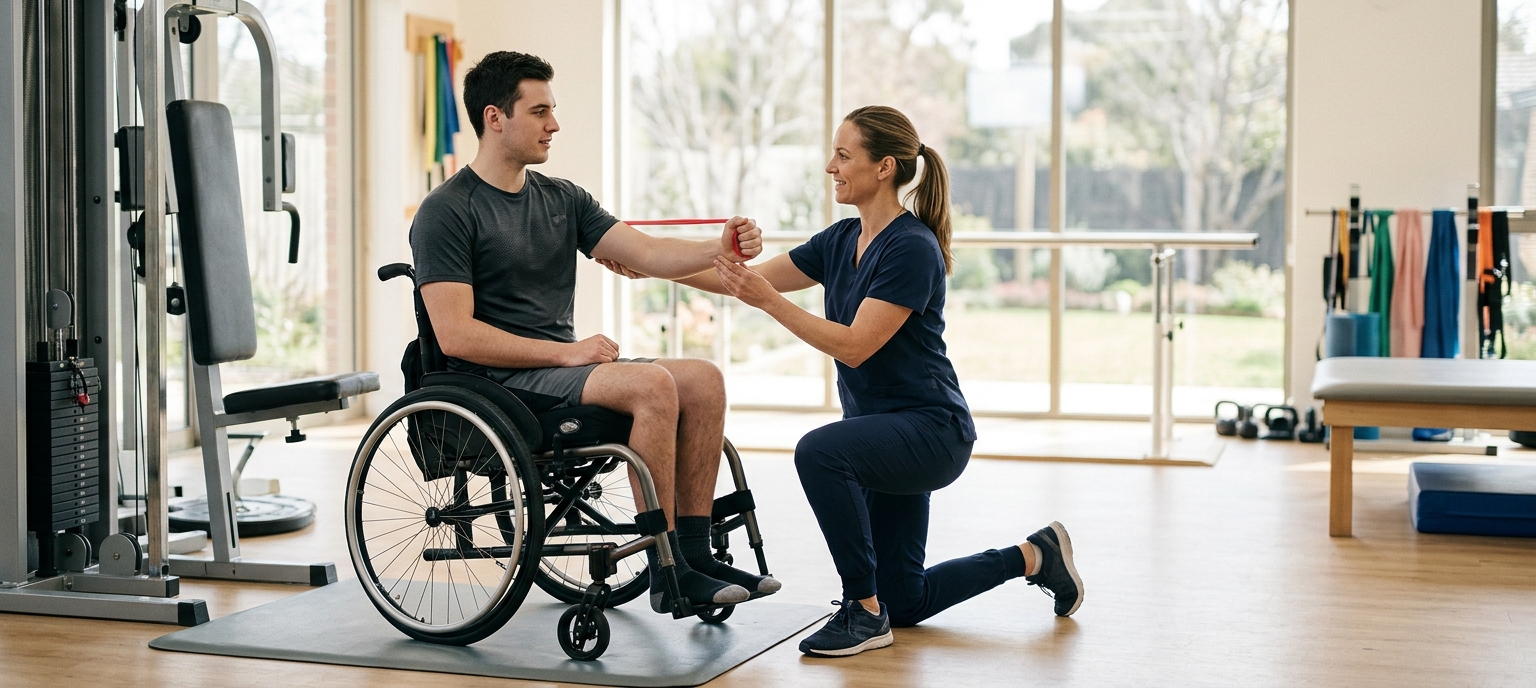 a young adult in a wheelchair in a spinal-cord-injury rehabilitation gym with a physical therapist