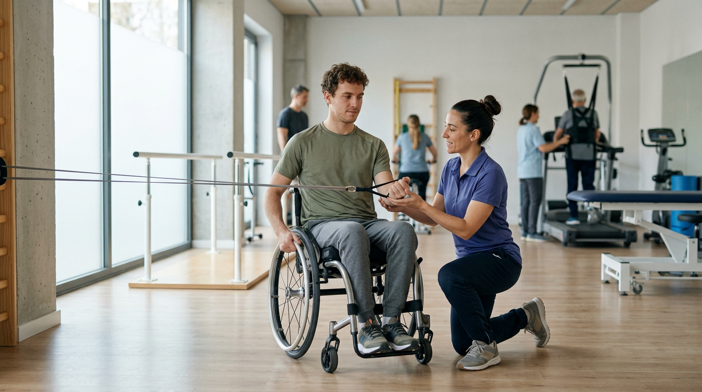 a young adult in a wheelchair in a spinal-cord-injury rehabilitation gym with a physical therapist