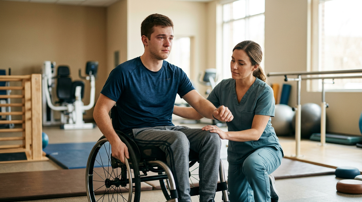 a young adult in a wheelchair in a spinal-cord-injury rehabilitation gym with a physical therapist