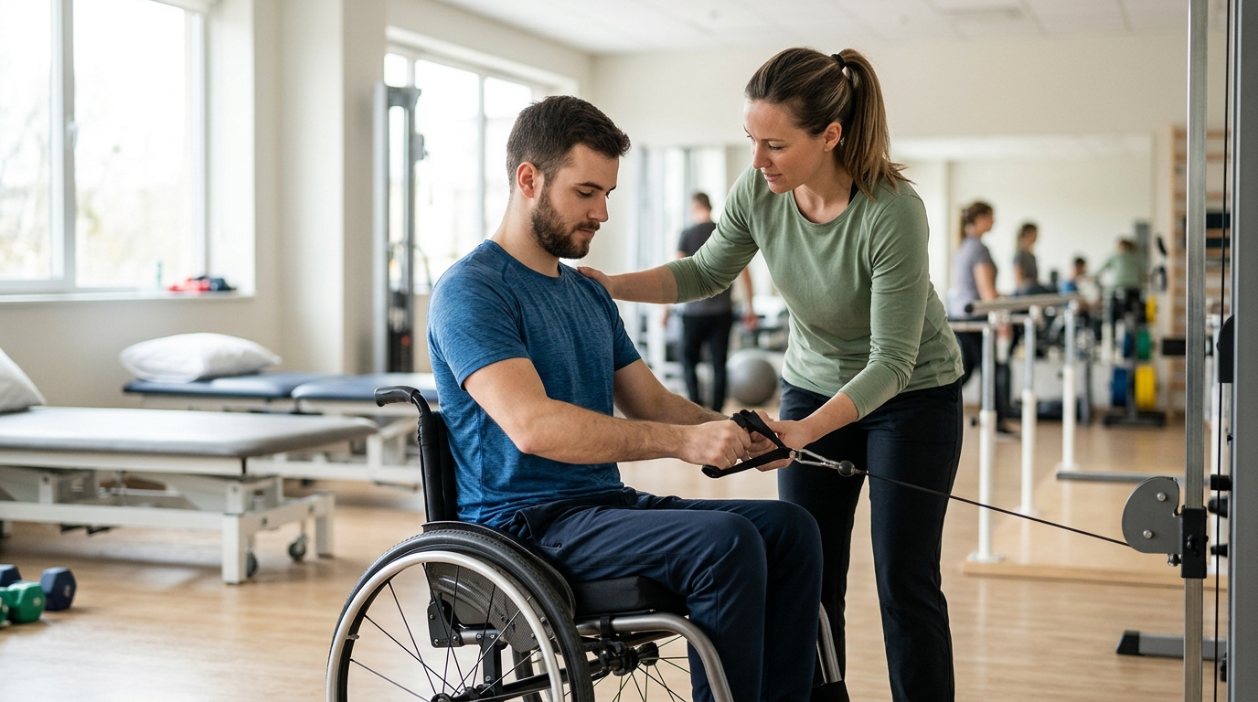 a young adult in a wheelchair in a spinal-cord-injury rehabilitation gym with a physical therapist
