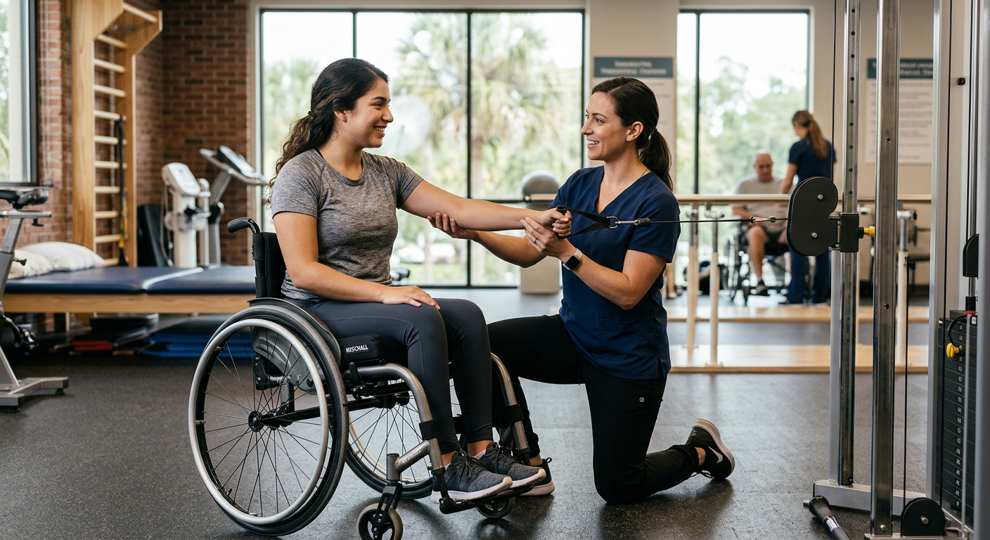 a young adult in a wheelchair in a spinal-cord-injury rehabilitation gym with a physical therapist
