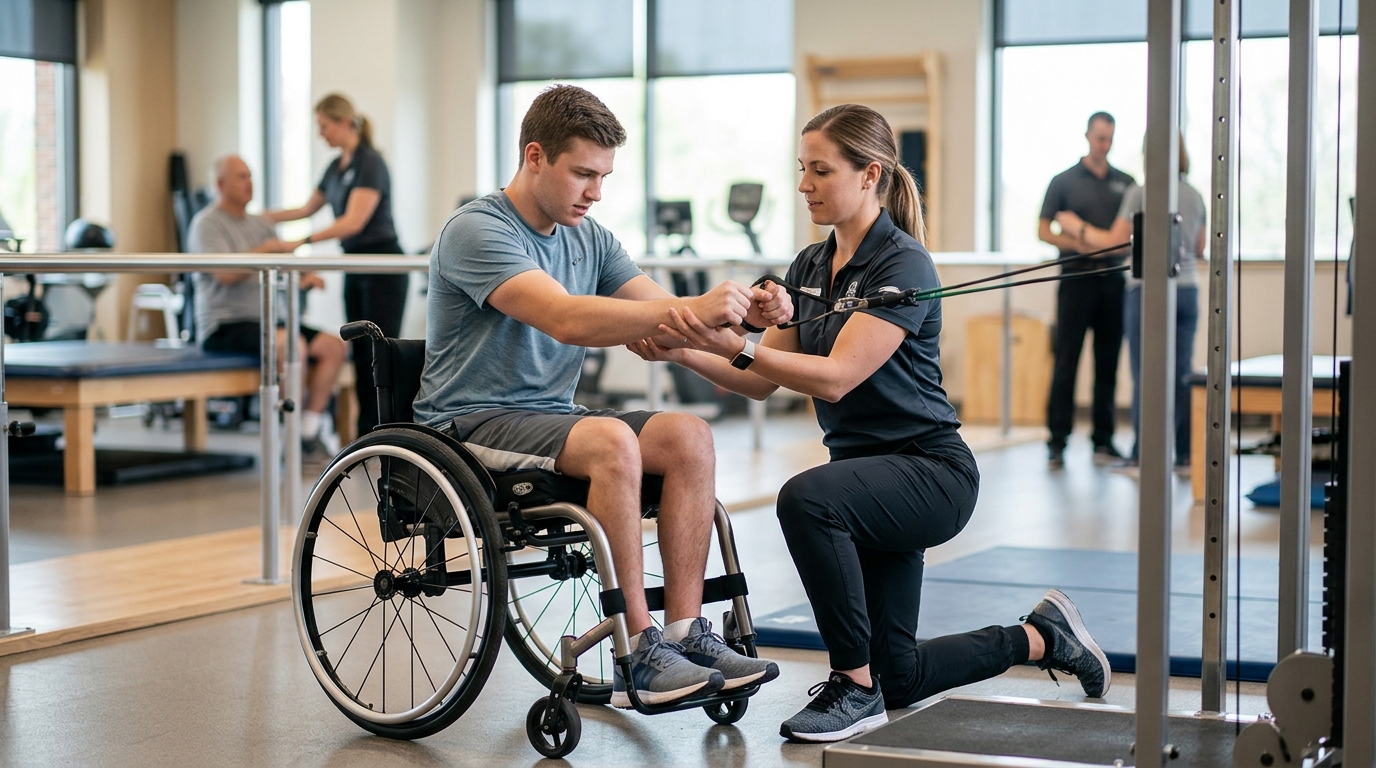 a young adult in a wheelchair in a spinal-cord-injury rehabilitation gym with a physical therapist