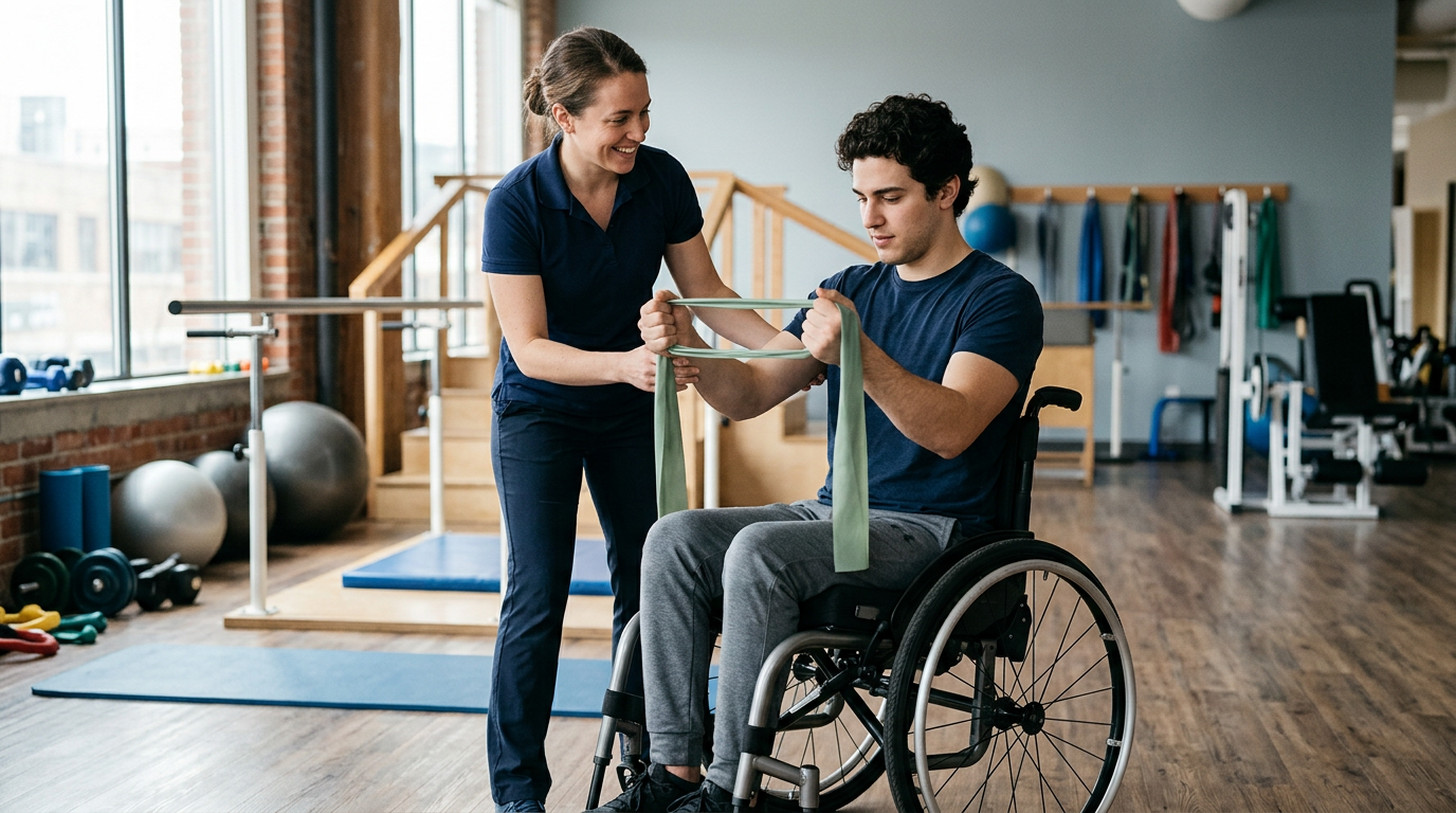a young adult in a wheelchair in a spinal-cord-injury rehabilitation gym with a physical therapist