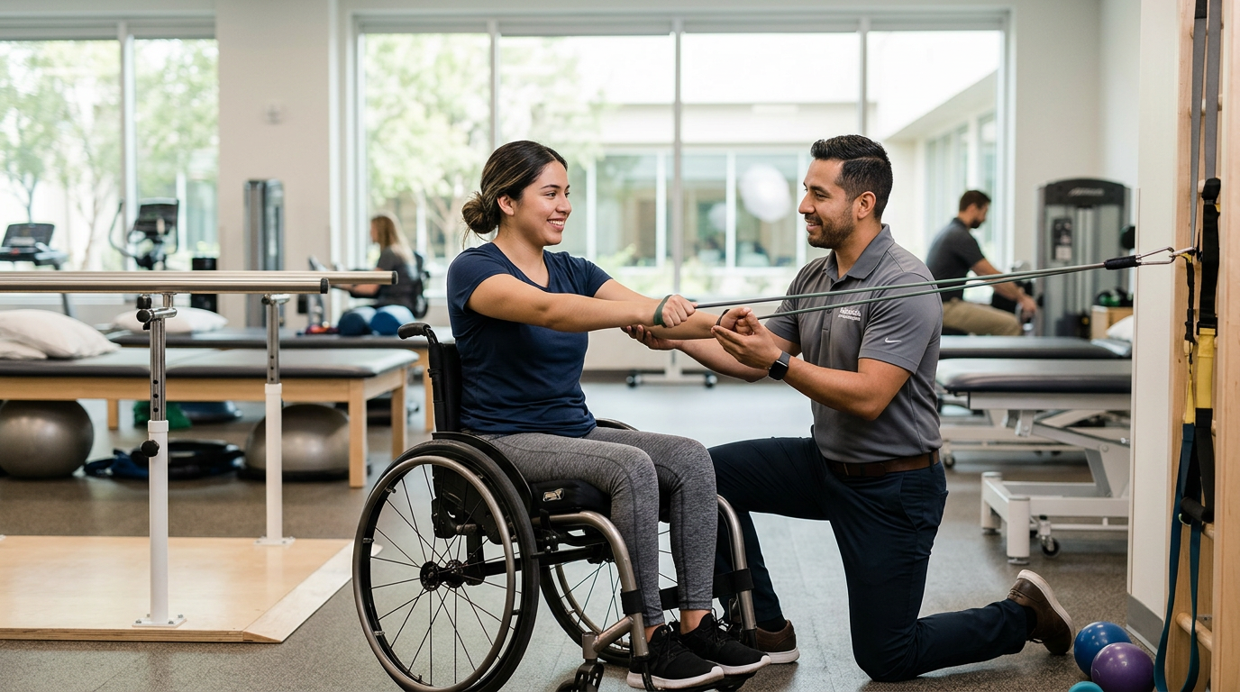 Young adult in a wheelchair working with a physical therapist in a rehabilitation gym.