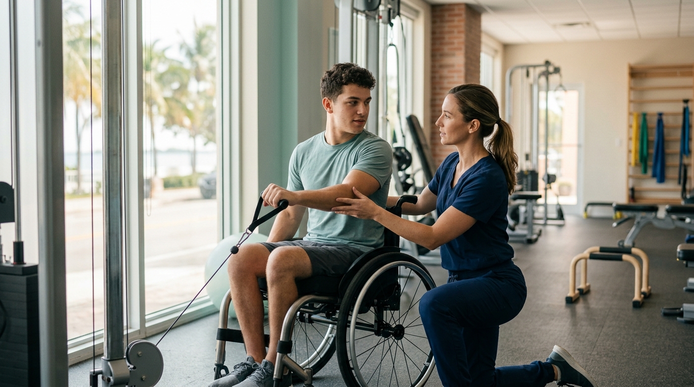 a young adult in a wheelchair in a spinal-cord-injury rehabilitation gym with a physical therapist