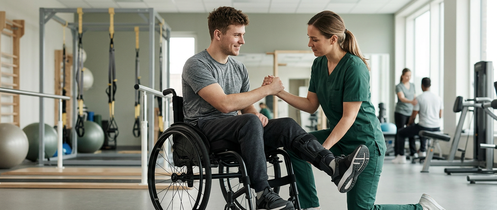 a young adult in a wheelchair in a spinal-cord-injury rehabilitation gym with a physical therapist