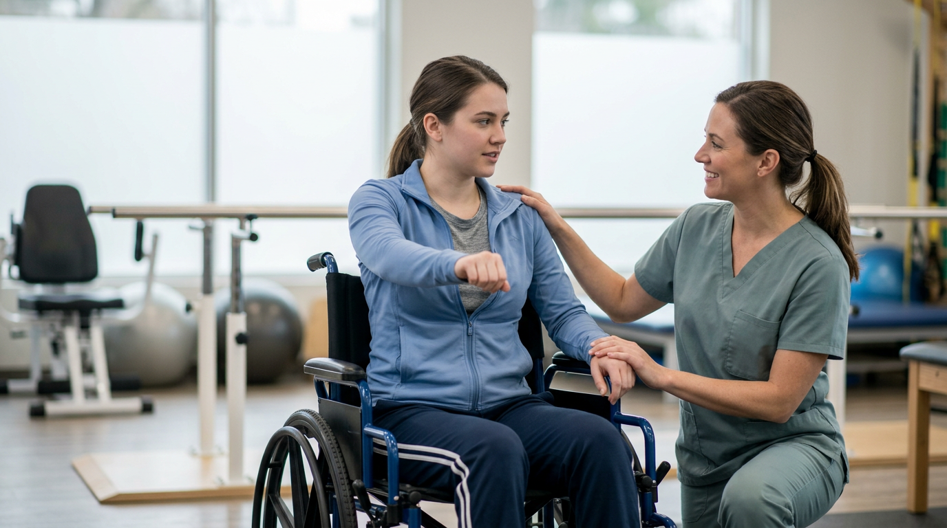 a young adult in a wheelchair in a spinal-cord-injury rehabilitation gym with a physical therapist