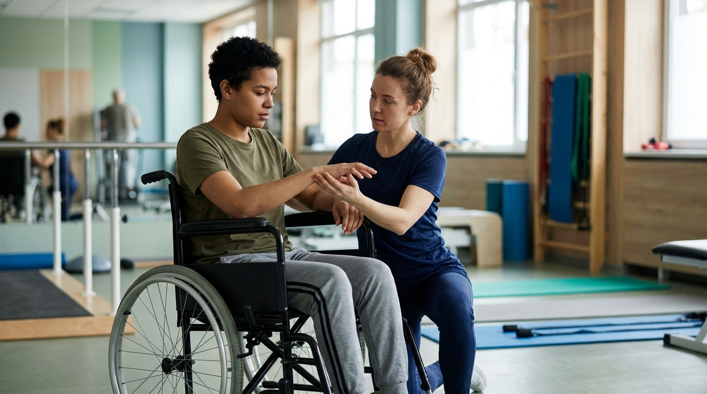 a young adult in a wheelchair in a spinal-cord-injury rehabilitation gym with a physical therapist