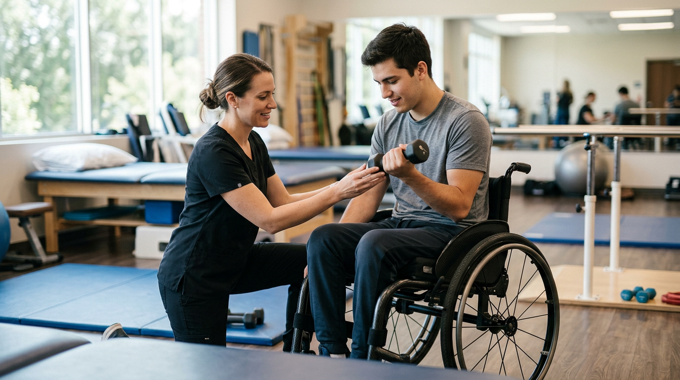 a young adult in a wheelchair in a spinal-cord-injury rehabilitation gym with a physical therapist