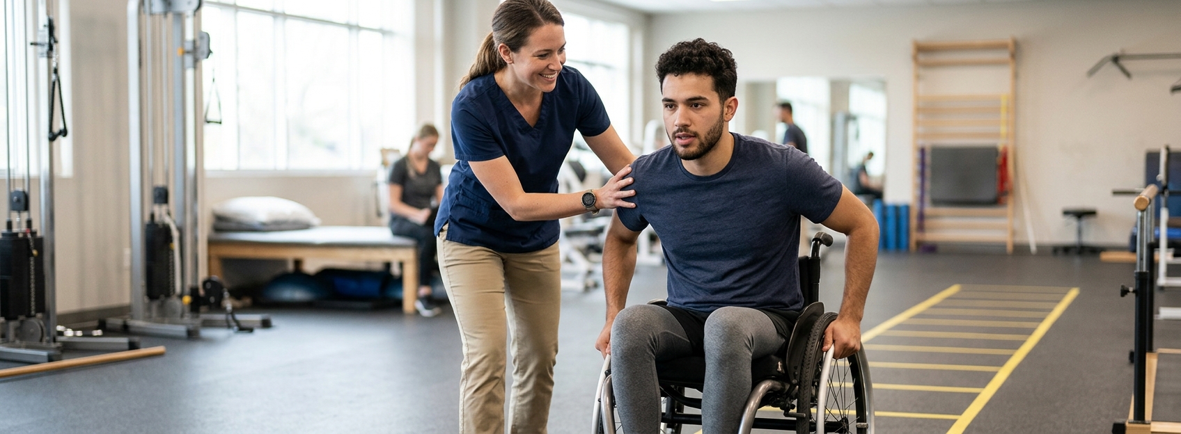 a young adult in a wheelchair in a spinal-cord-injury rehabilitation gym with a physical therapist