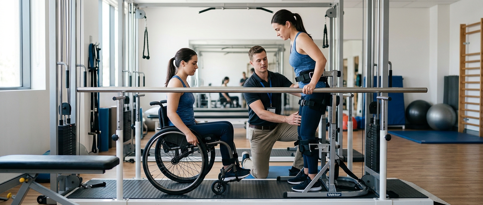 a young adult in a wheelchair in a spinal-cord-injury rehabilitation gym with a physical therapist