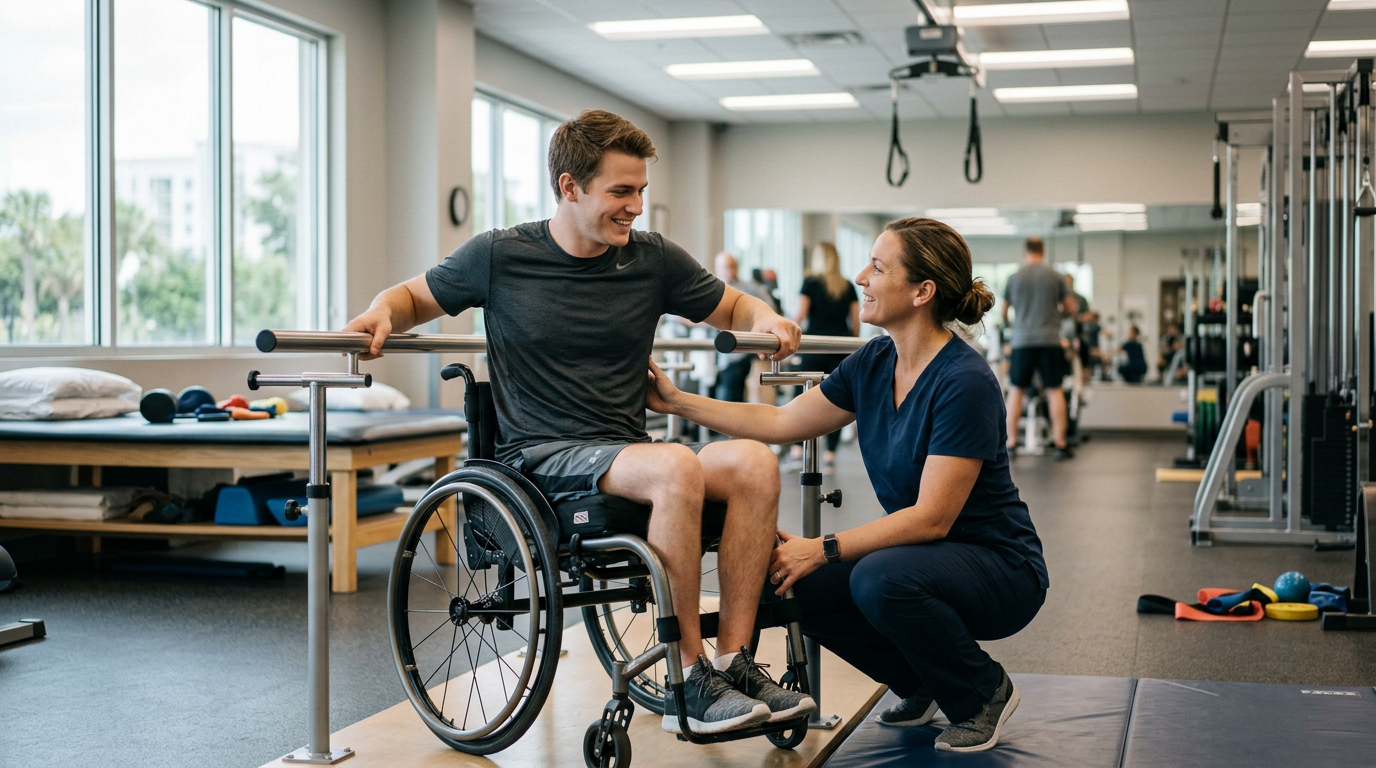 Young adult in a wheelchair working with a physical therapist in a spinal-cord-injury rehabilitation gym.