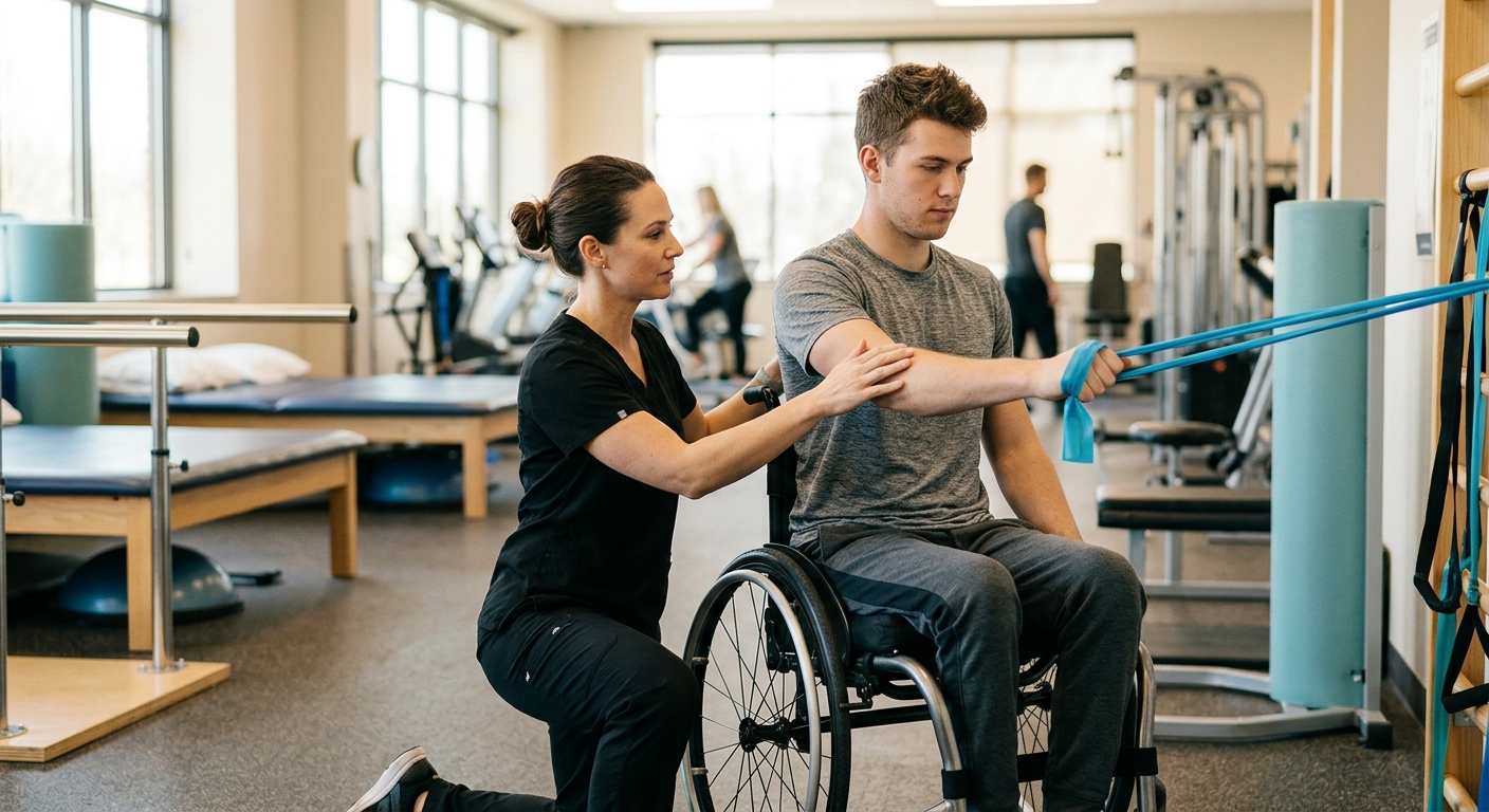 a young adult in a wheelchair in a spinal-cord-injury rehabilitation gym with a physical therapist