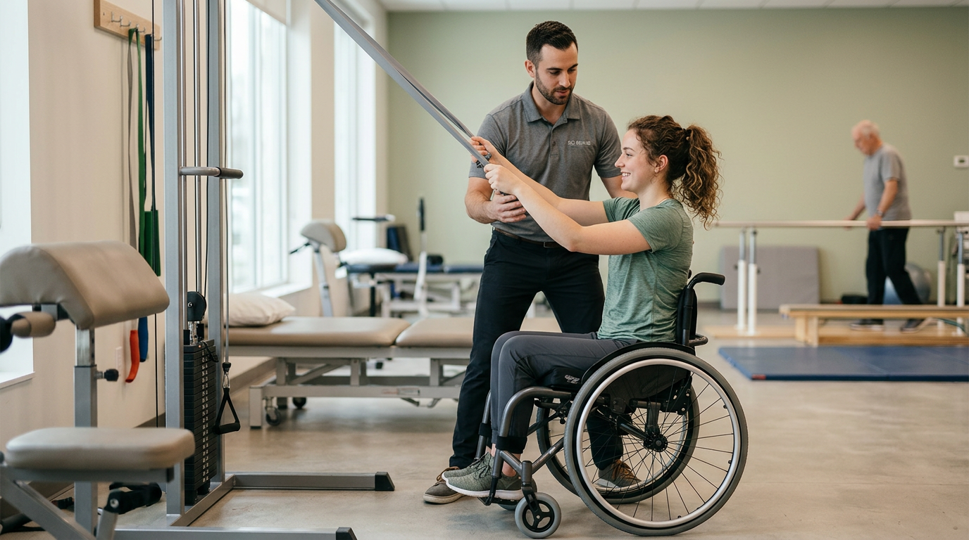 Young adult in a wheelchair working with a physical therapist in a spinal-cord-injury rehabilitation gym.