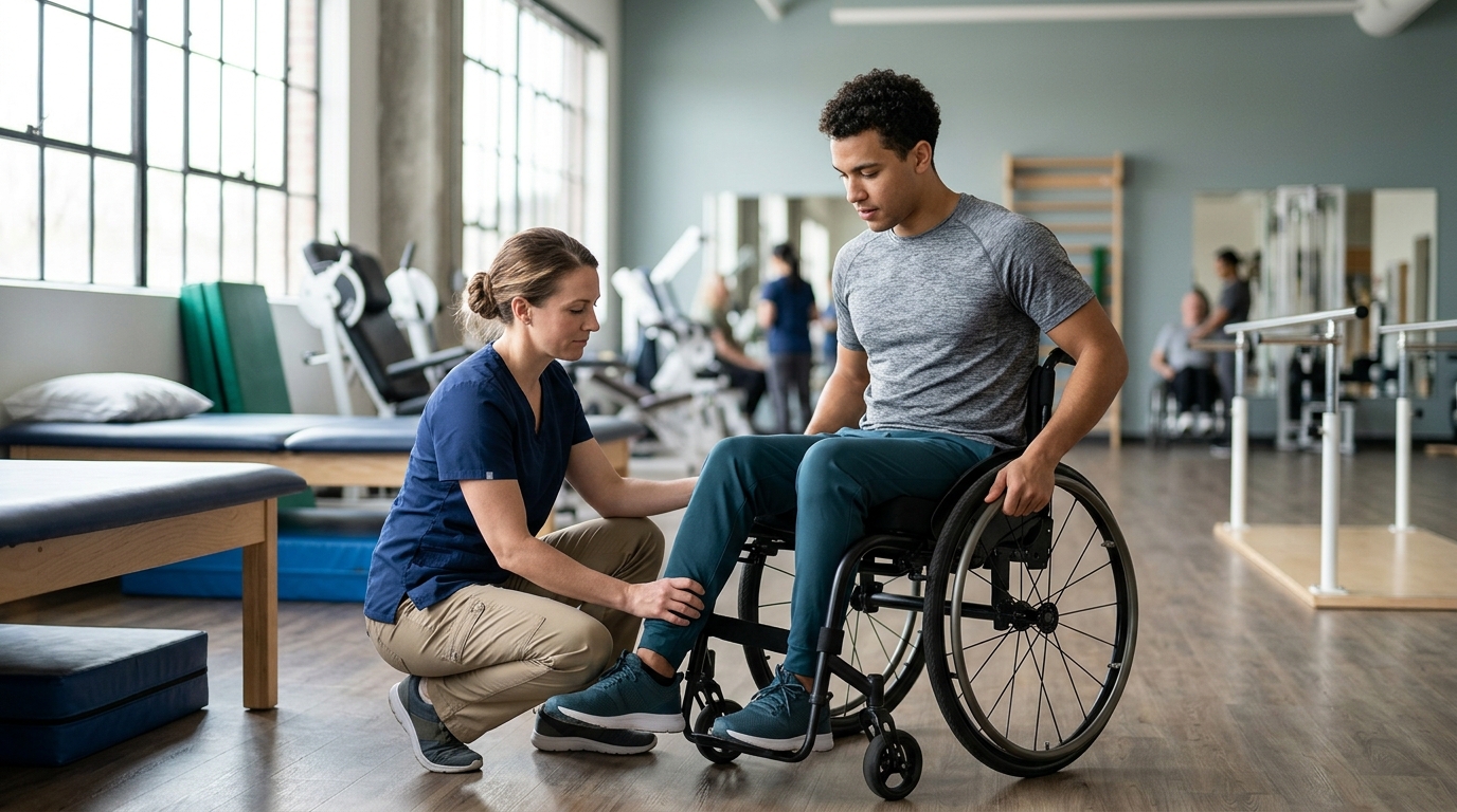 a young adult in a wheelchair in a spinal-cord-injury rehabilitation gym with a physical therapist