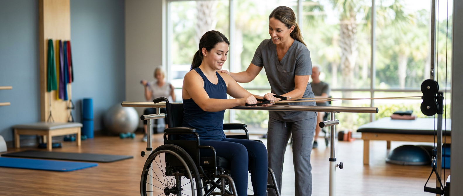 Young adult in a wheelchair working with a physical therapist in a spinal-cord-injury rehabilitation gym.