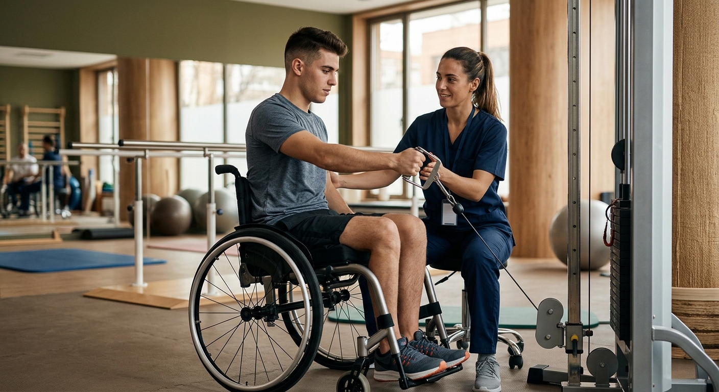 a young adult in a wheelchair in a spinal-cord-injury rehabilitation gym with a physical therapist