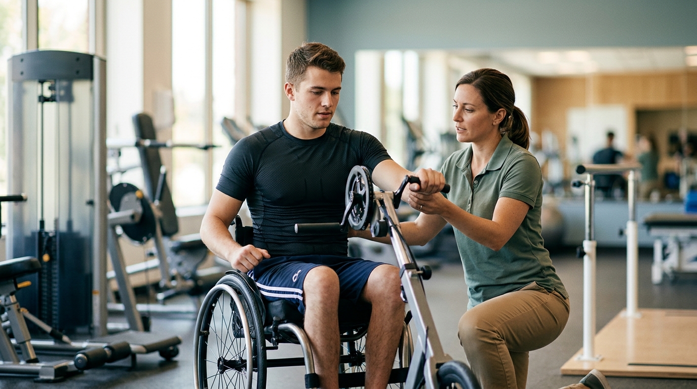 Young adult in a wheelchair working with a physical therapist in a rehabilitation gym.