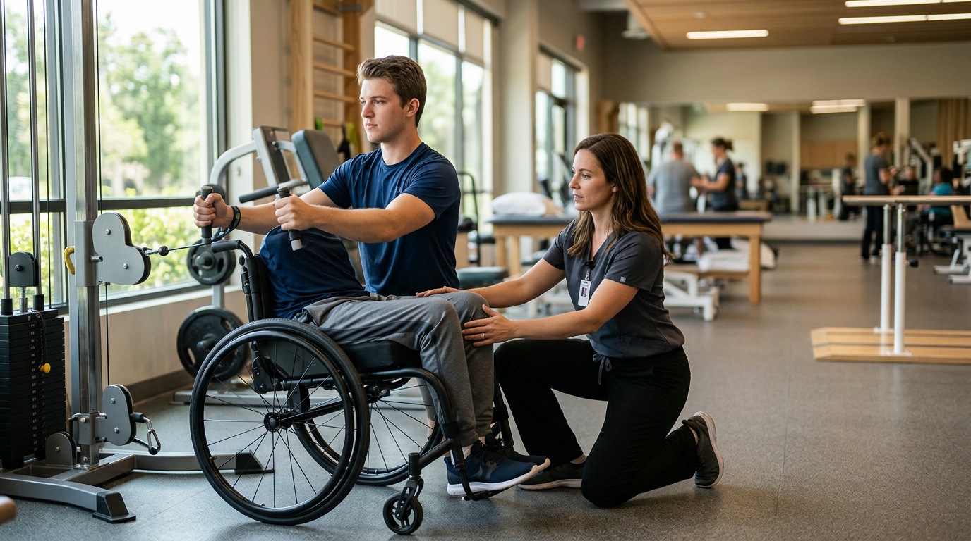 Young adult in a wheelchair working with a physical therapist in a spinal cord injury rehabilitation gym.