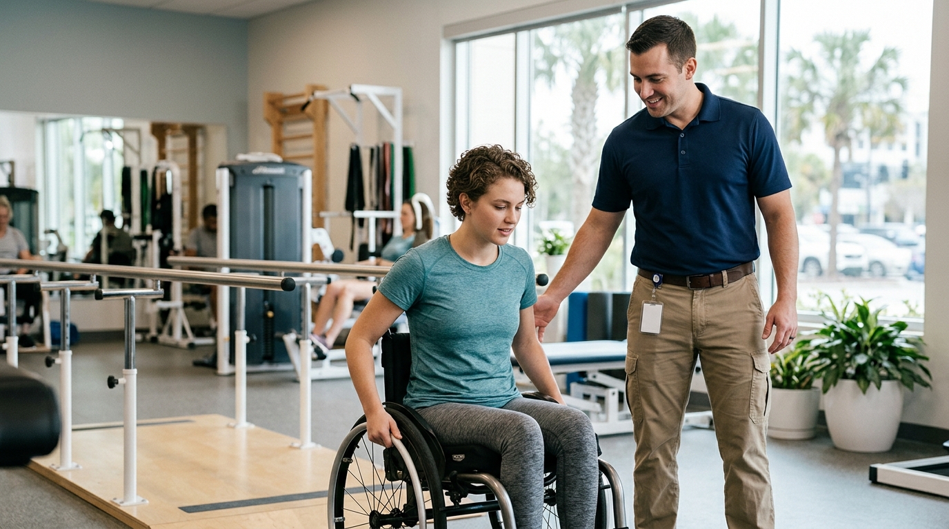Young adult in a wheelchair working with a physical therapist in a spinal cord injury rehabilitation gym.