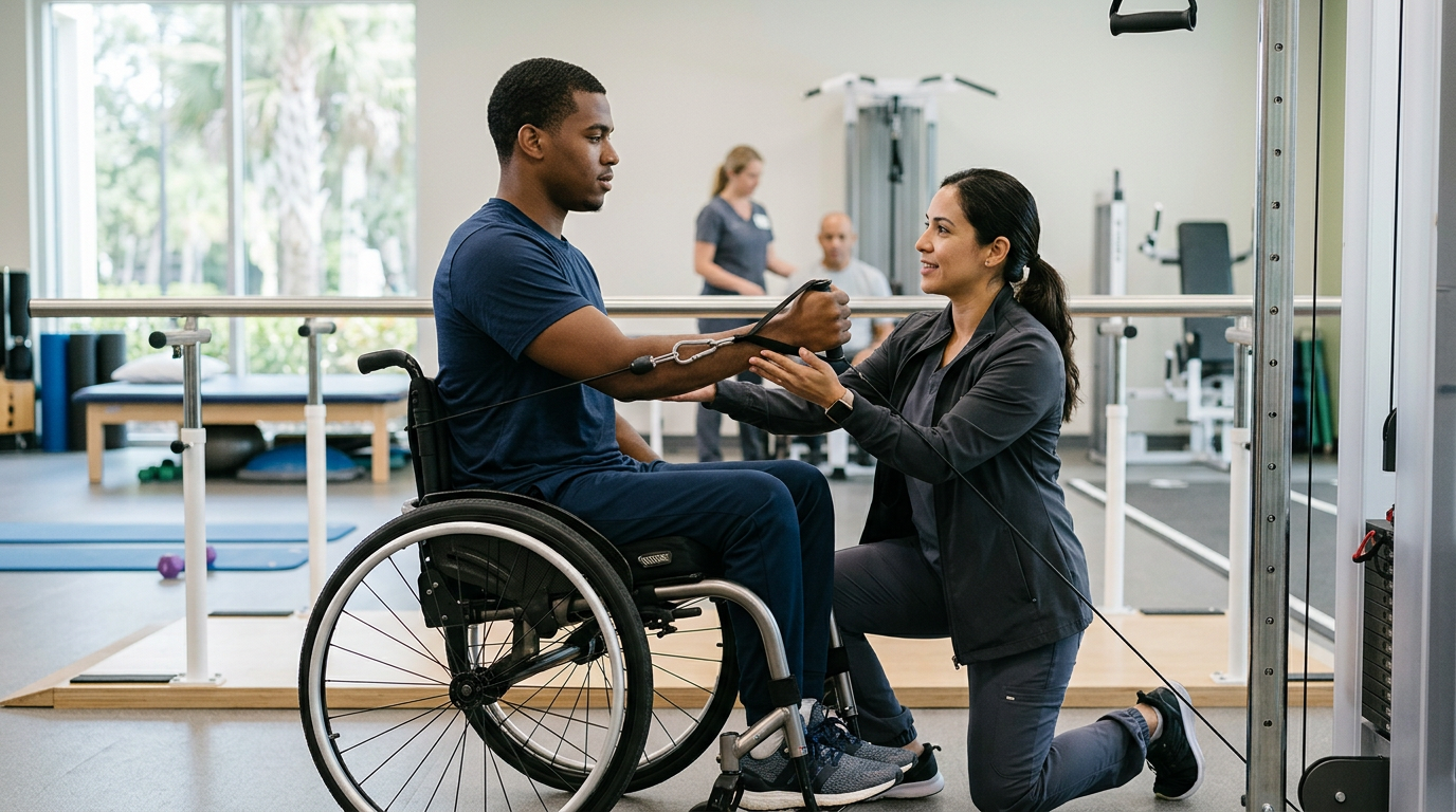 Young adult in a wheelchair working with a physical therapist in a spinal-cord-injury rehabilitation gym.