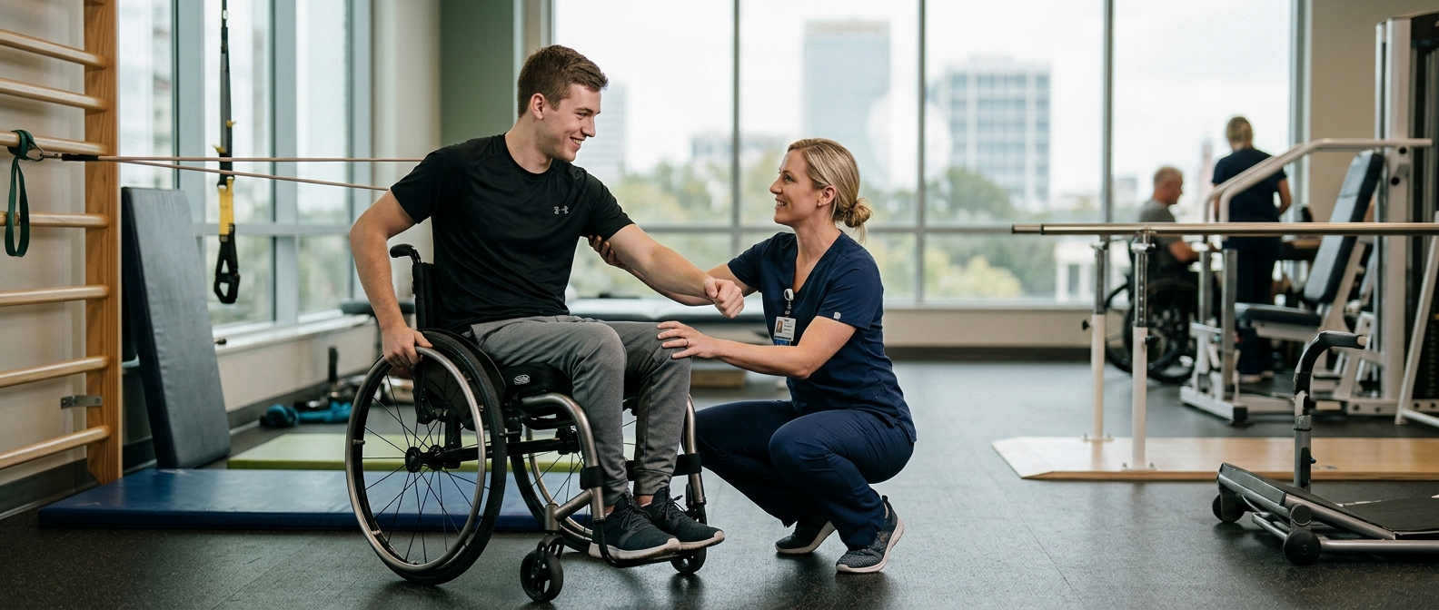 Young adult in a wheelchair working with a physical therapist in a spinal-cord-injury rehabilitation gym.
