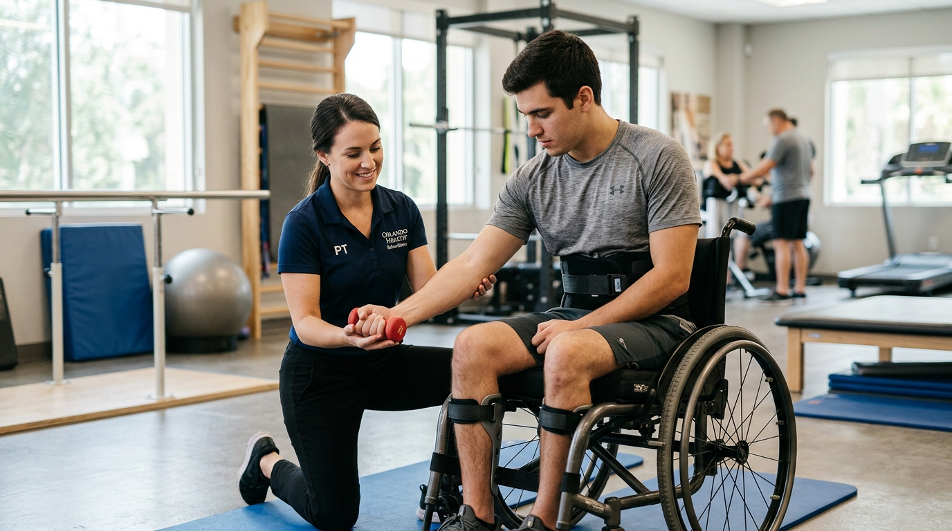 Young adult in a wheelchair working with a physical therapist in a spinal-cord-injury rehabilitation gym.
