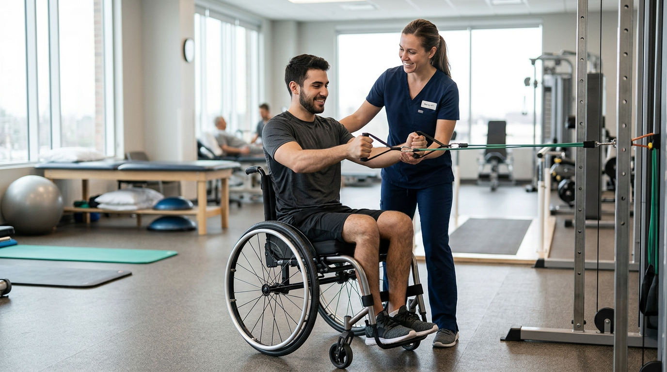 Young adult in a wheelchair working with a physical therapist in a spinal-cord-injury rehabilitation gym.
