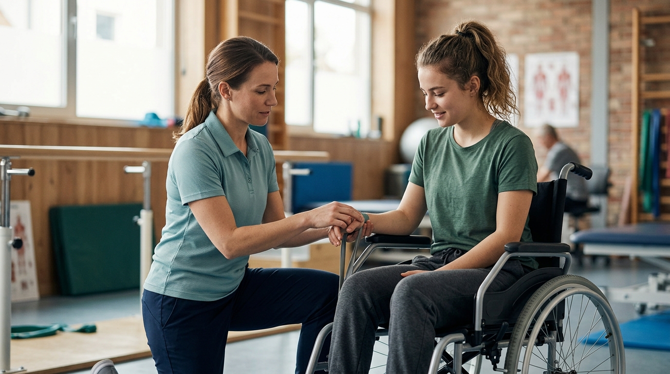 Young adult in a wheelchair working with a physical therapist in a spinal-cord-injury rehabilitation gym.